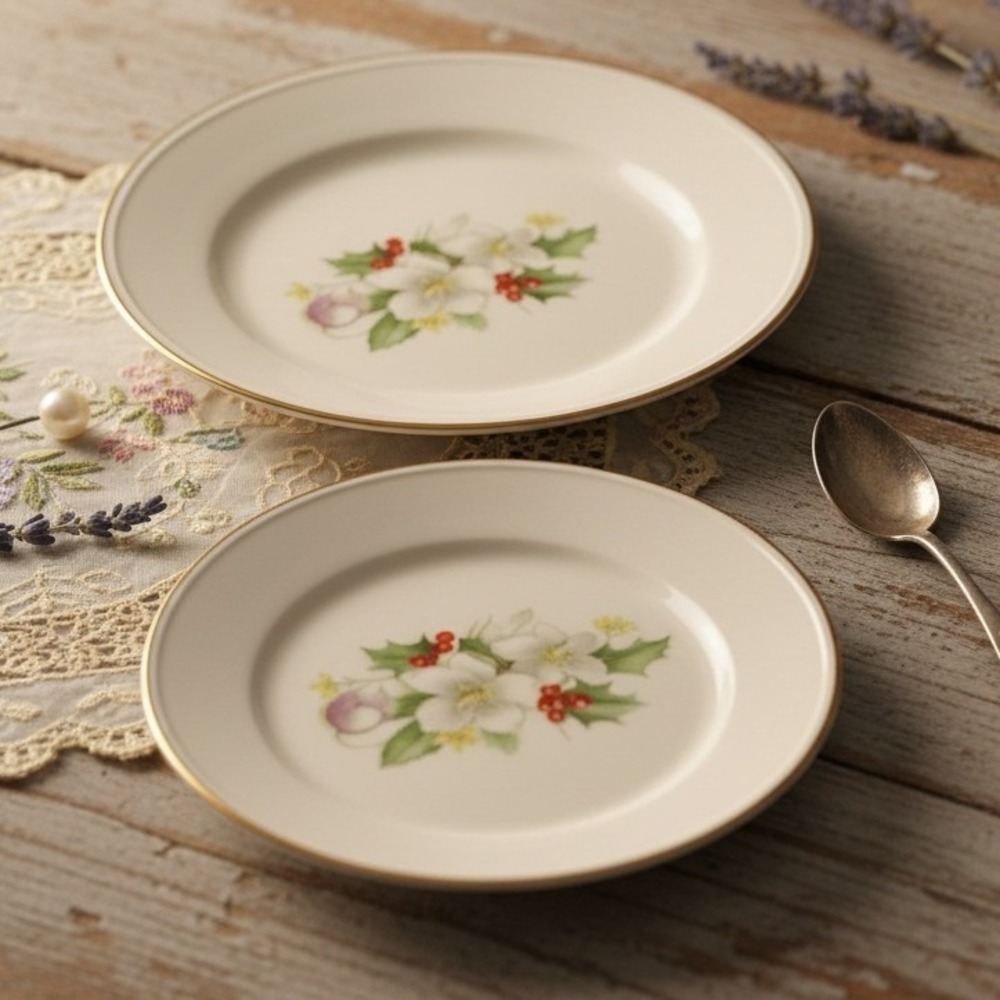 Lenox Holly & Floral Dessert Plates, Set of 2 Vintage Porcelain China Dinnerware